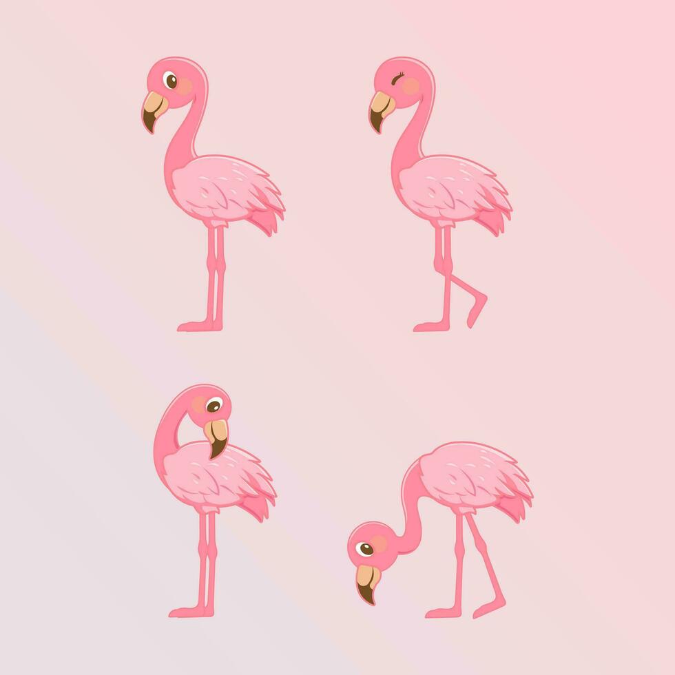 vector hand drawn cute pink flaminggo with four expression illustration