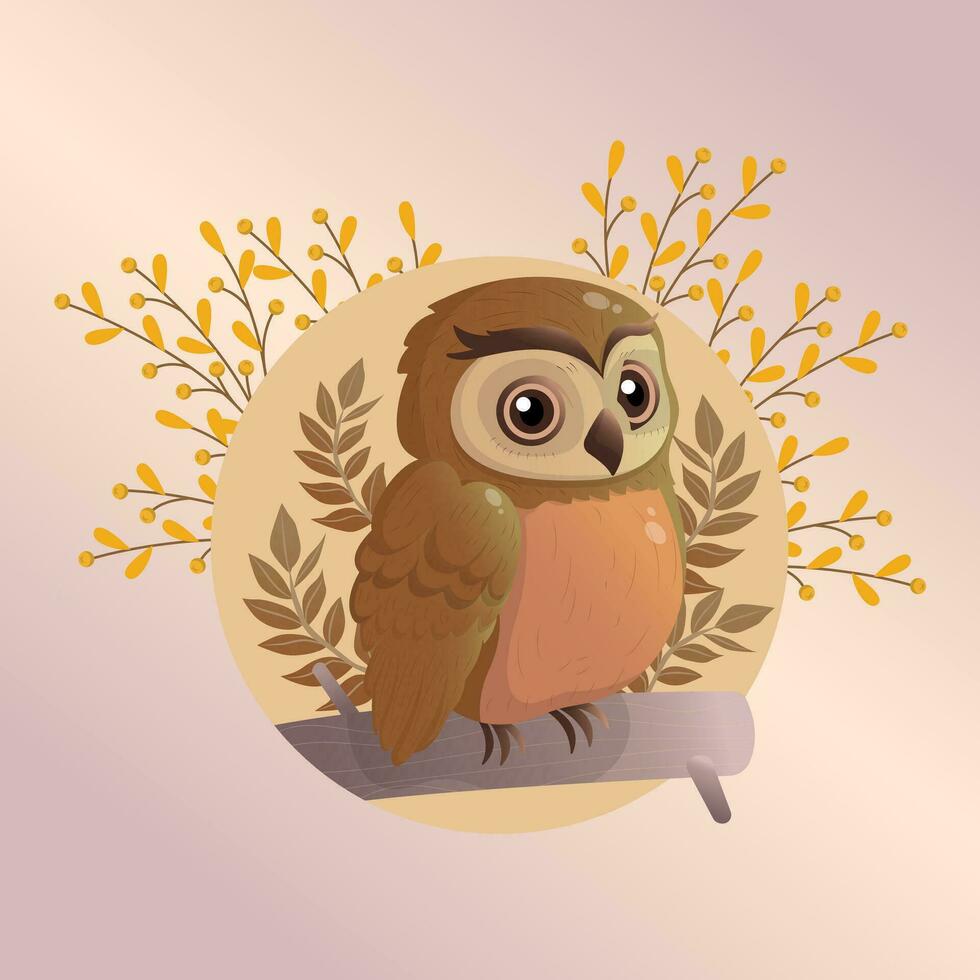 Free vector cute elf owl standing on branch in cartoon style isolated on forest background