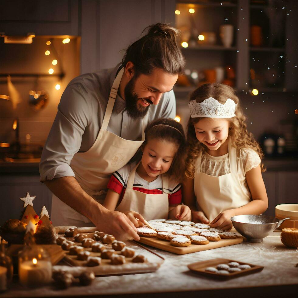 contento gracioso familia papá y niños hornear Navidad galletas en acogedor cocina a hogar. ai generativo foto