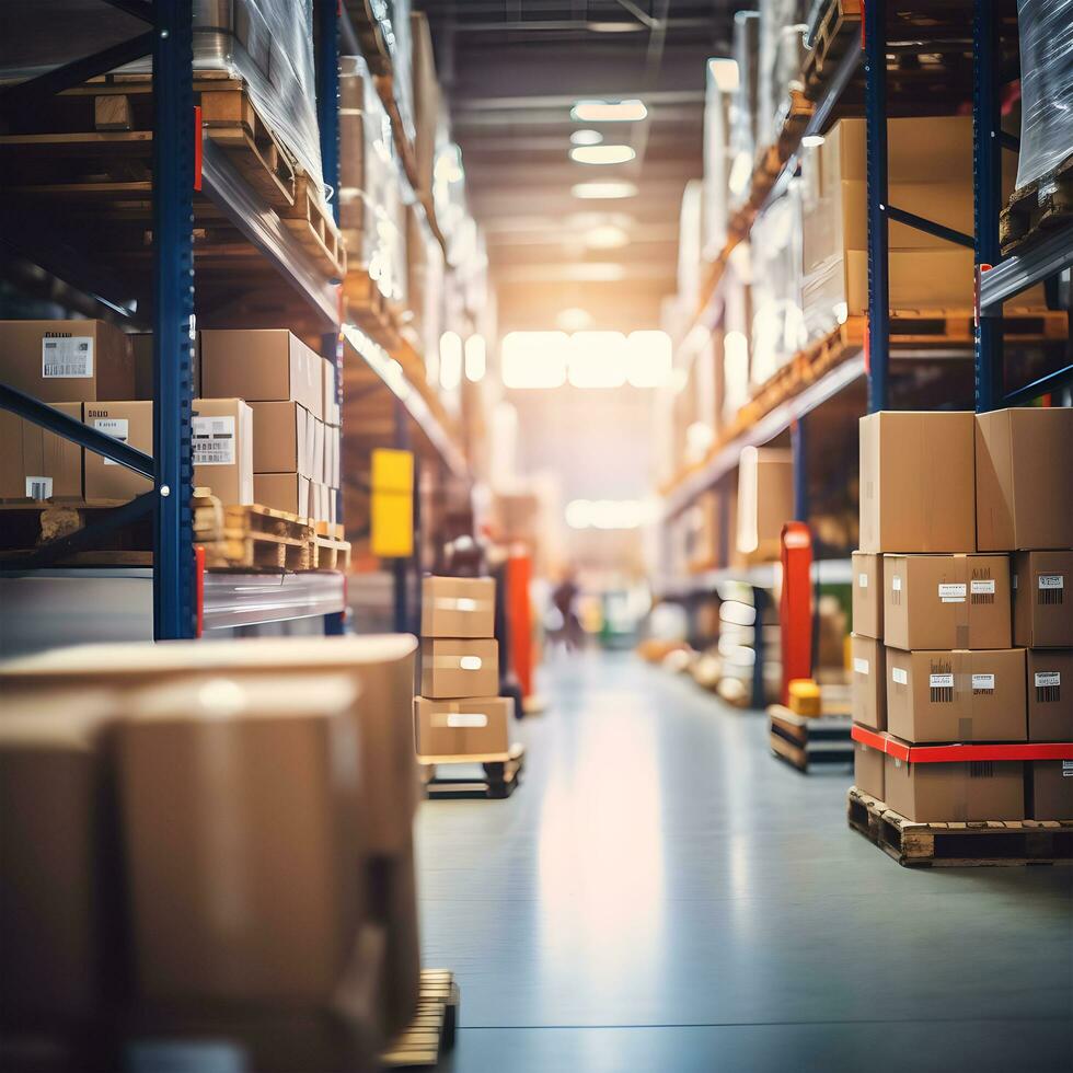 Retail warehouse full of shelves with goods in cartons,Logistics and transportation blurred background. AI Generative photo