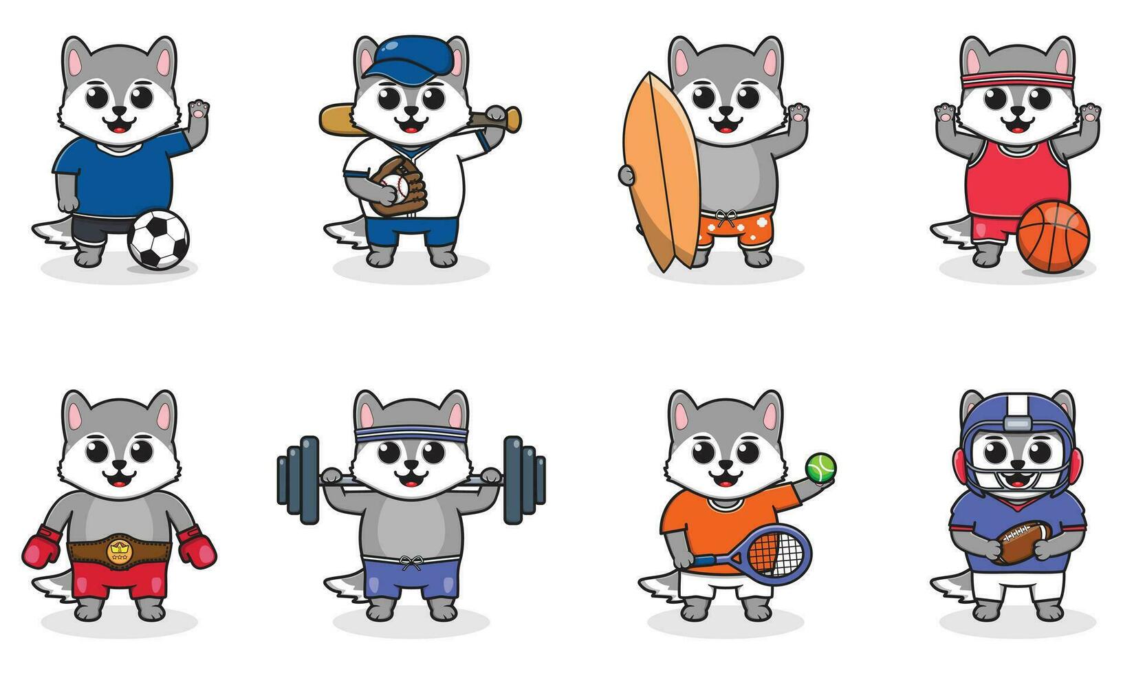 conjunto de lobo vistiendo uniforme y utilizando Deportes equipo. gracioso animales haciendo ejercicios. linda dibujos animados personaje vector conjunto aislado en un blanco antecedentes. dibujos animados animal deporte. lobo dibujos animados.