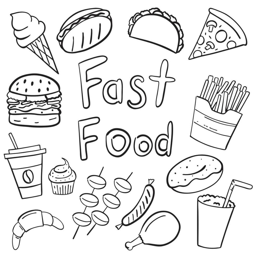 Fast food doodle drawing collection. Food such as pizza, burger, donuts, coffee, croissant etc. Hand drawn vector doodle illustrations isolated on white background