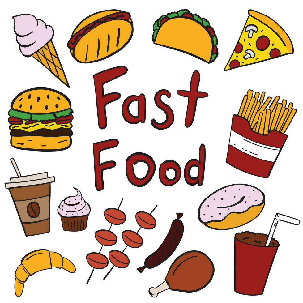 Set of hand drawn food. Food such as pizza, burger, donuts, coffee, croissant etc. Hand drawn vector doodle illustrations isolated on white background