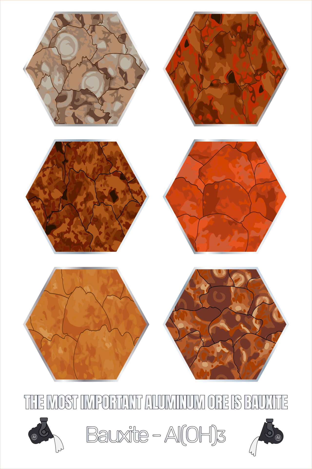 A set of illustrations of the most important aluminum ore bauxite. Mineral texture of ore and