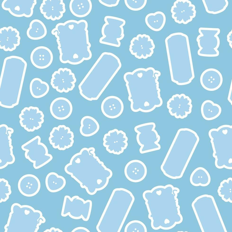 Blue seamless pattern of sewing buttons and spools of thread vector