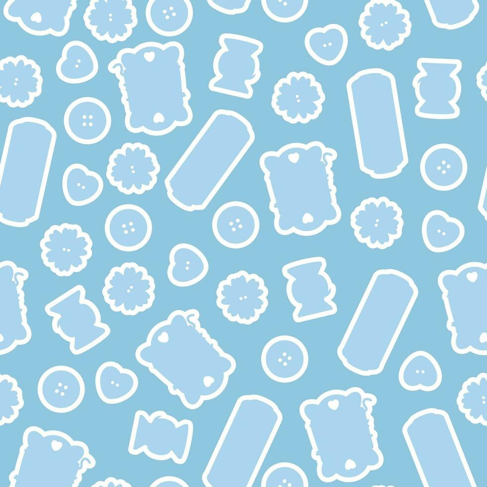 Blue seamless pattern of sewing buttons and spools of thread vector