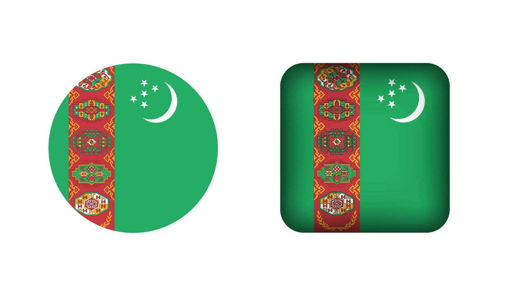 plano cuadrado y circulo Turkmenistán bandera íconos vector