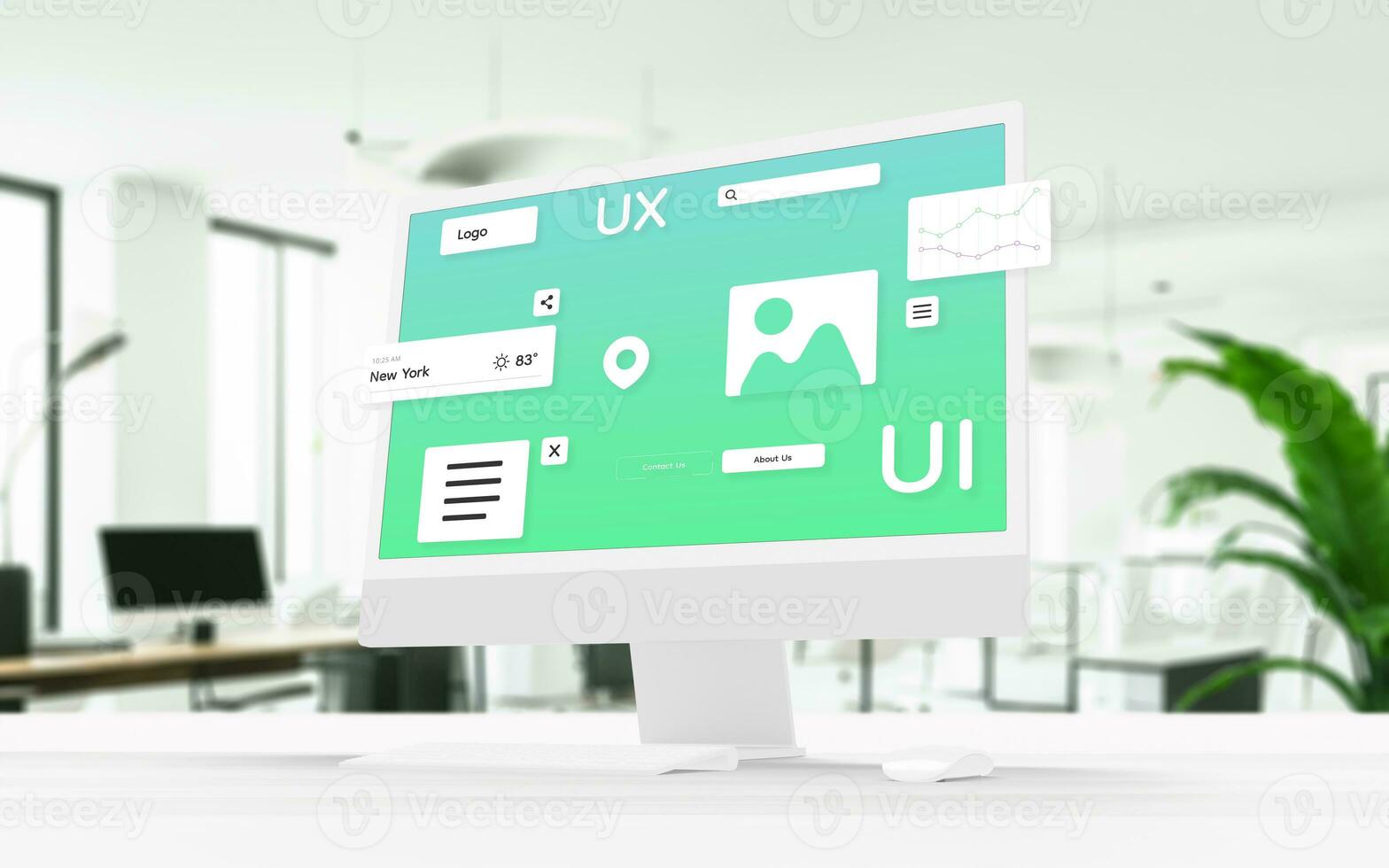 Computer display showcasing user interface modules, icons, and elements seamlessly hovering. UI design and development concept photo