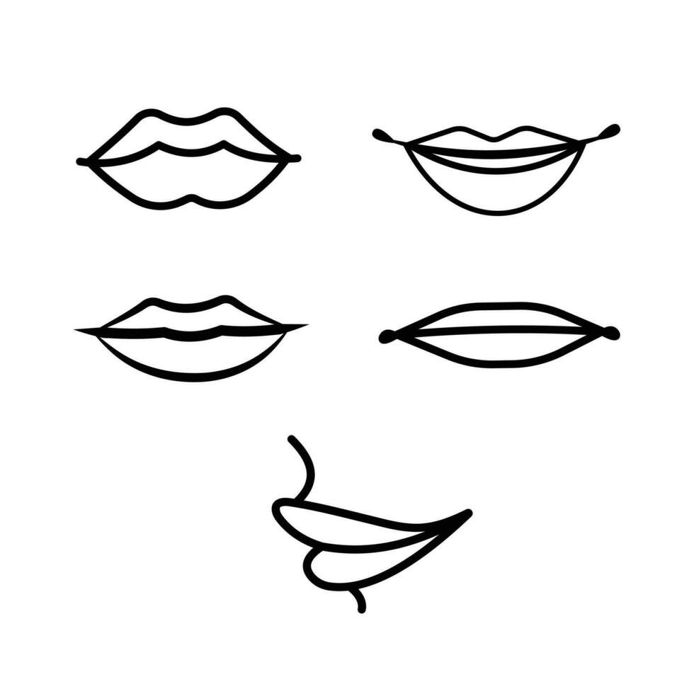Human lips vector icon set from smile or happy, neutral, to sad expression outline isolated on square white background. Simple flat monochrome black and white cartoon art styled drawing.