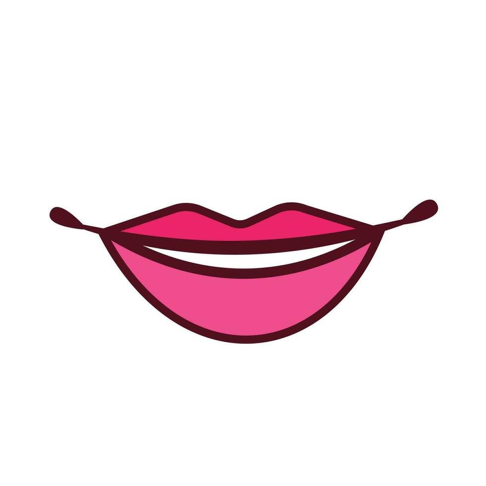 Smiling human female women lips with reddish pink colored lipstick isolated vector icon on square white background. Simple flat cartoon art styled drawing.