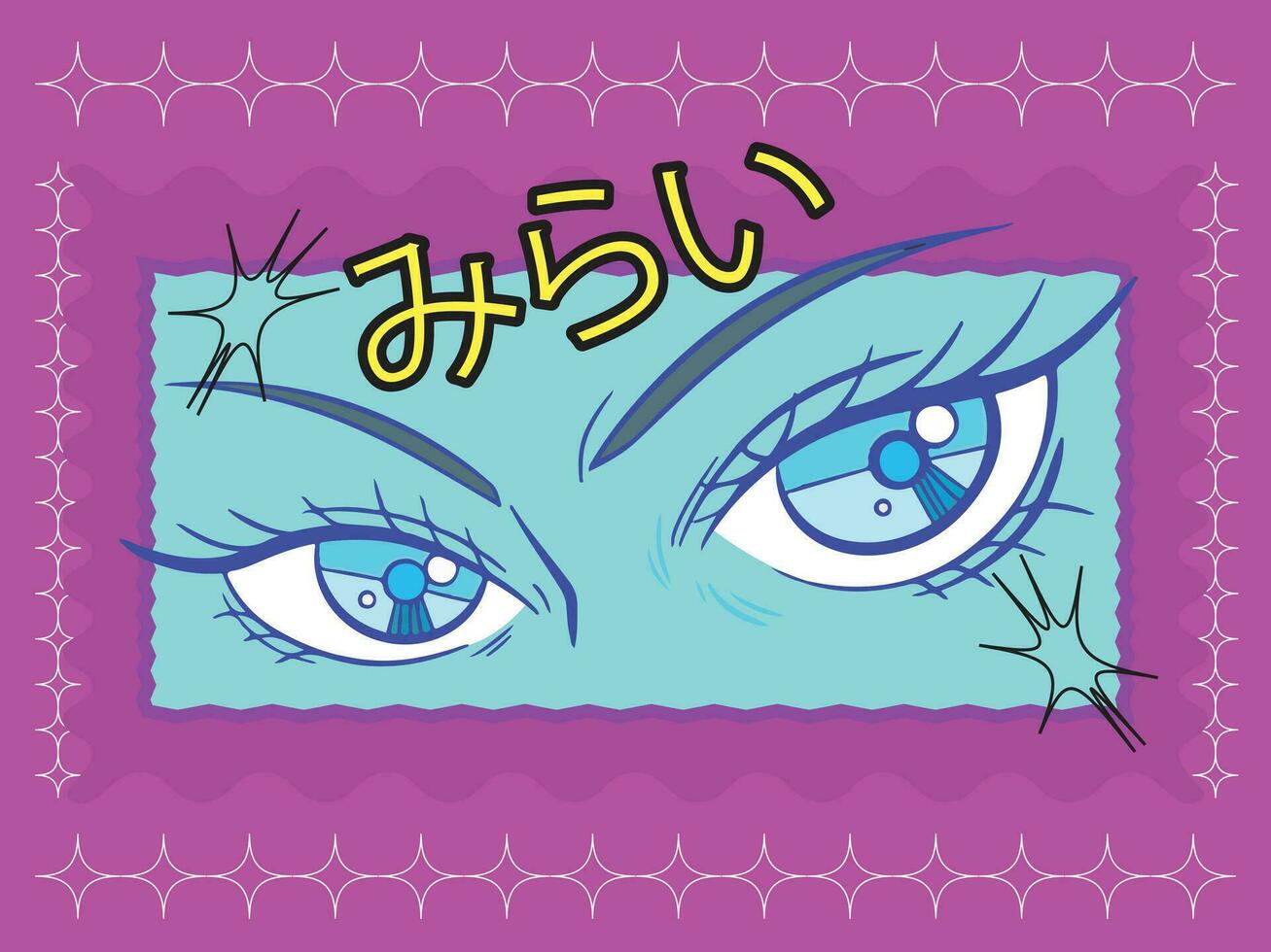 Retro vintage bright plain colored anime eyes vector illustration with blue frame and magenta background isolated on horizontal ratio template. Simple flat manga anime styled drawing.