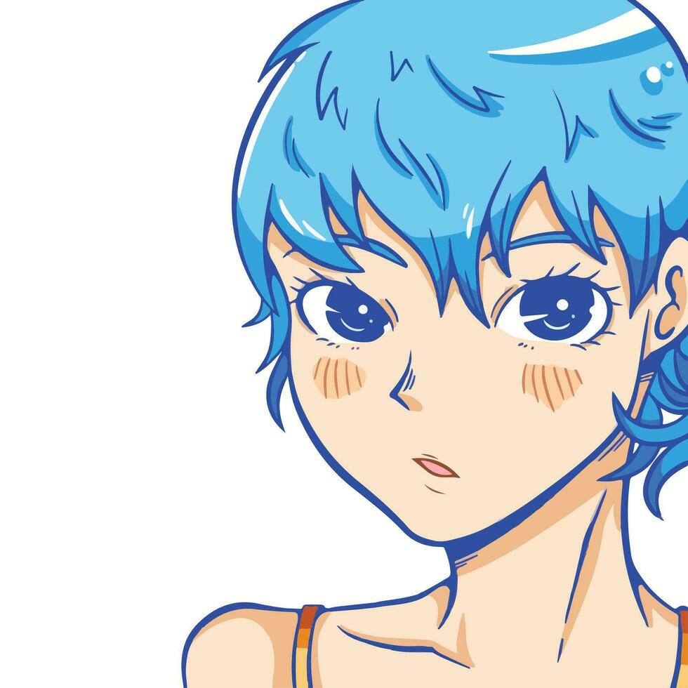 linda joven anime niña retrato cara con azul pelo vector dibujo ilustración contorno solamente aislado en cuadrado blanco antecedentes. sencillo plano anime Japón Arte estilo dibujo.