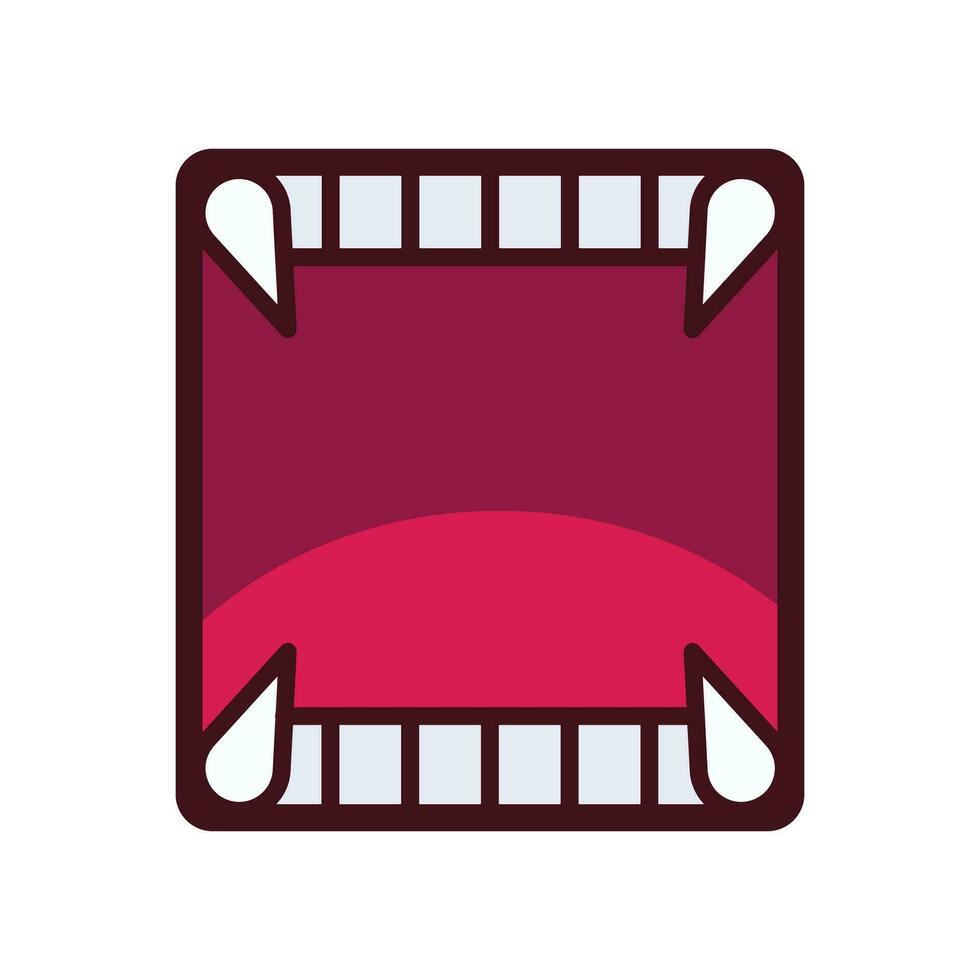 Colored open mouth frame with visible top and bottom teeth and four sharp fangs vector icon isolated on square white background. Simple flat cartoon art styled drawing.