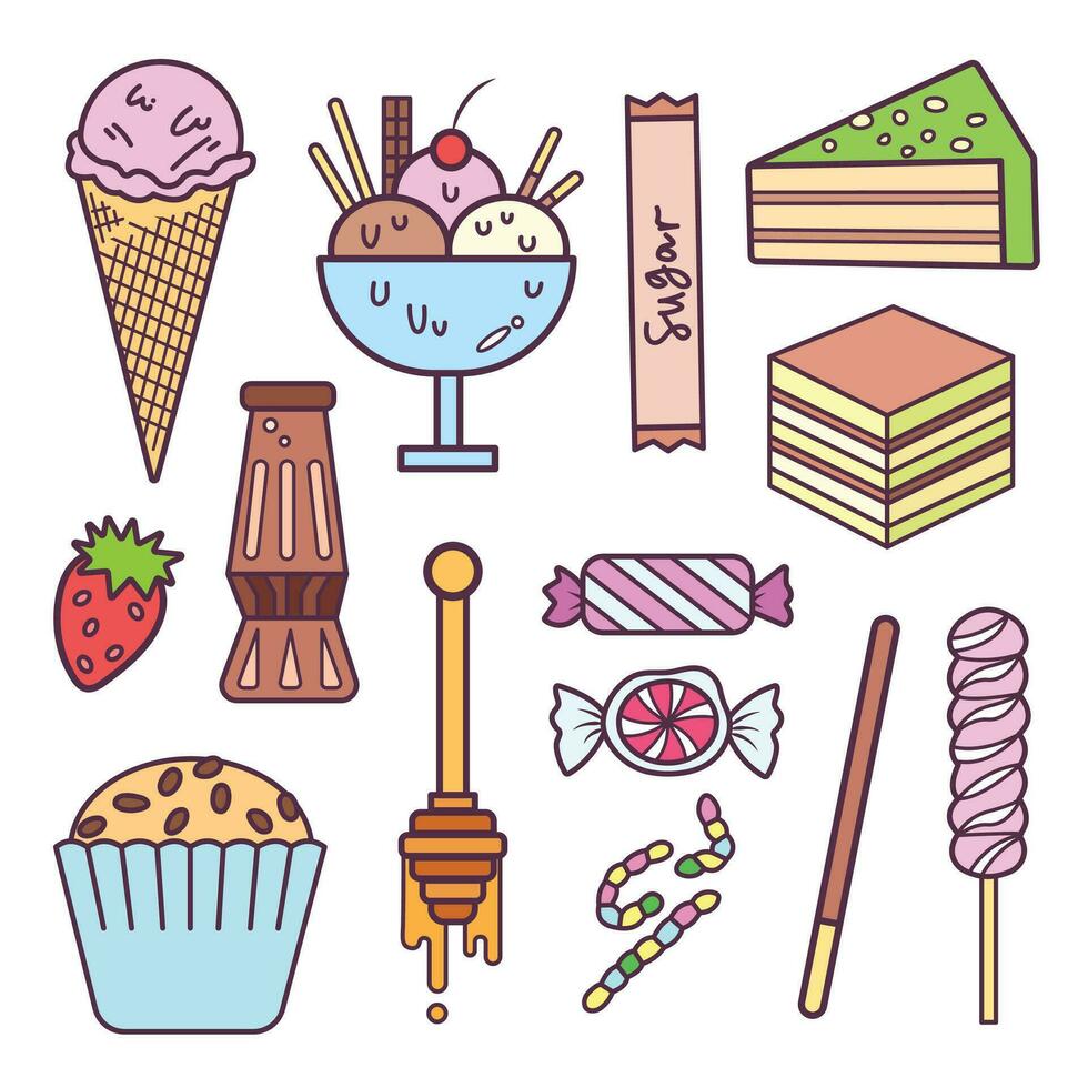 Colorful sweet sugary foods from ice cream, cakes, to candies vector icon set colored collection isolated on square white background. Simple flat minimalist cartoon art styled drawing.