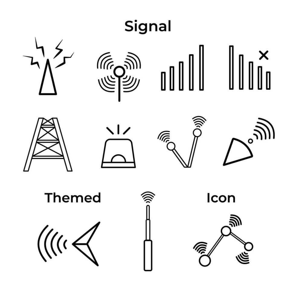 Signal or network themed vector icon collection outline isolated on square white background. Digital technology themed icon set. simple flat cartoon art styled drawings.