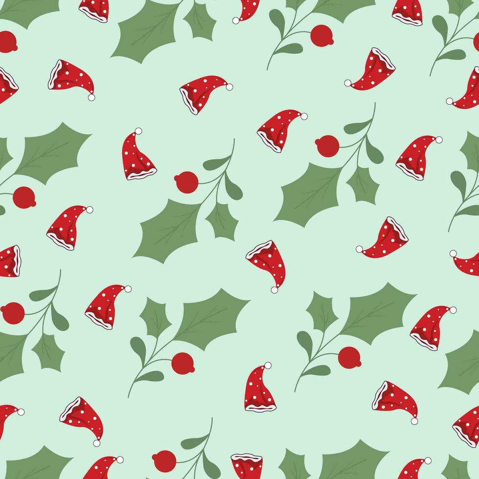 Merry Christmas Seamless Pattern with Mistletoe, Spruce Branches, Green Leaves and Berries.use for banner, poster, card, invitation and scrapbook. vector