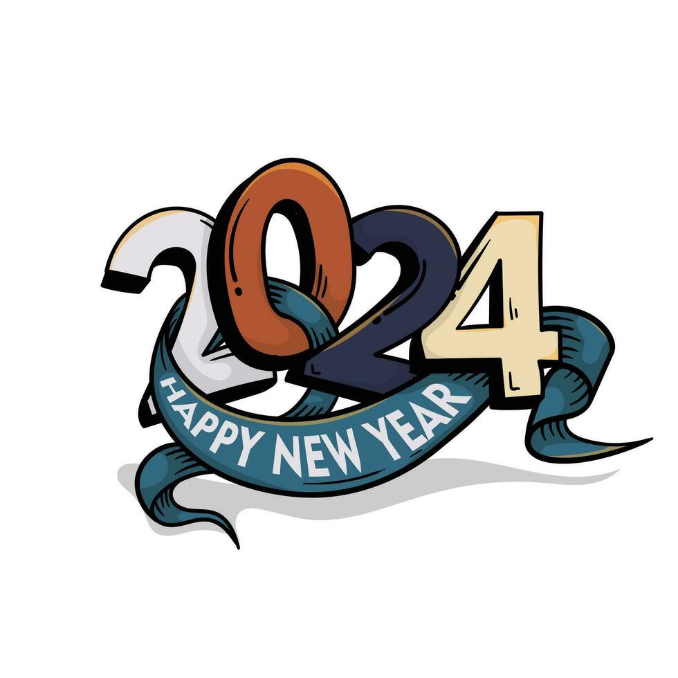 Typography design of 2024 and happy new year in banner design in doodle art vector
