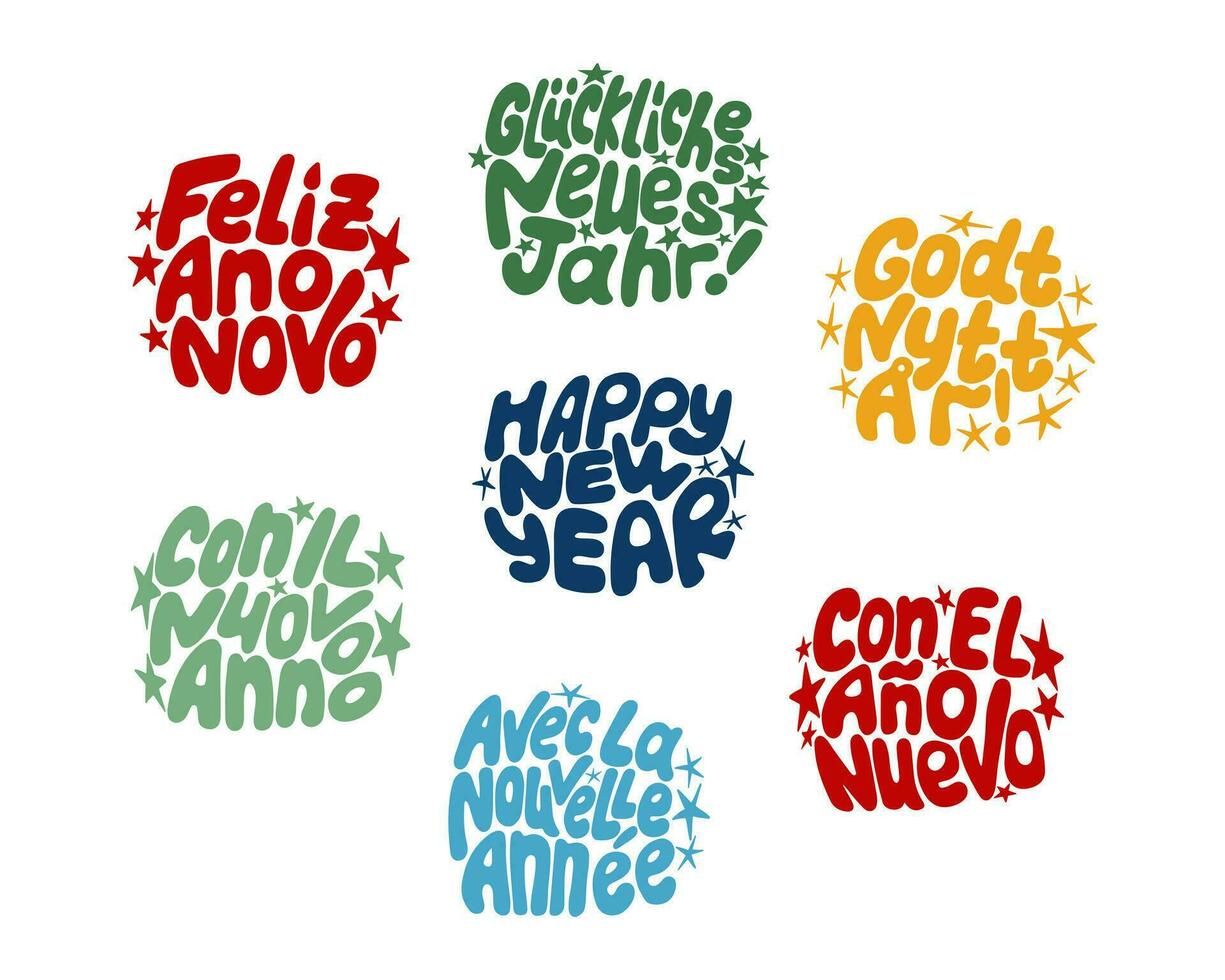New Year groovy lettering in different languages. Hand drawn slogan Happy New Year in French, Germany, Spanish, Italian, Norwegian, Portuguese. Typographic flat stickers in oval shape. vector
