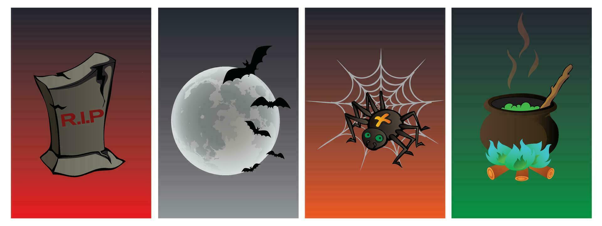 Set of Halloween objects, tombstone, cauldron, spider, moon. Halloween object icon. vector