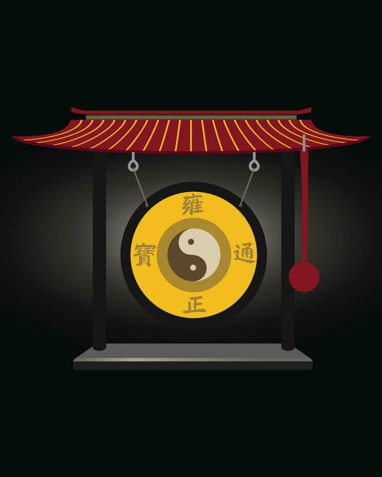 The traditional gong musical instrument is a metal disc with a hammer. with his house. Musical gongs and Buddhism, vector illustration.