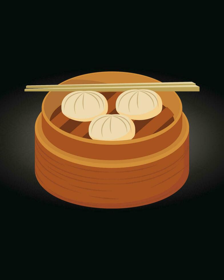 Dim sum menu set Asian food vector illustration. Dim sum, traditional Chinese dumplings, in a bamboo steamer basket.