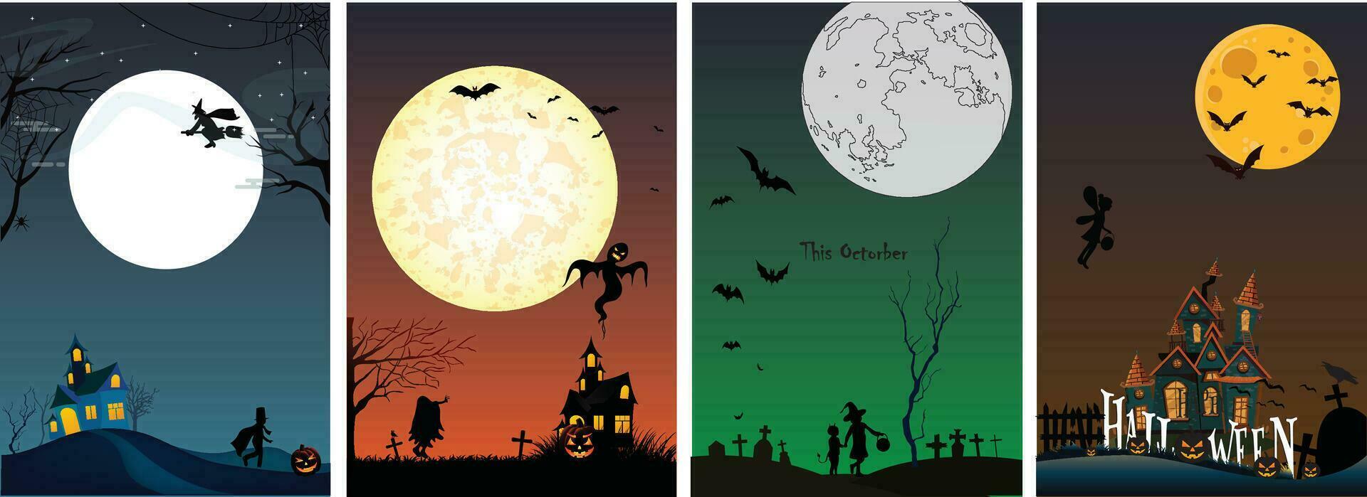Collection of happy Halloween party posters. Drawing of a plaque with an old house, ghost, cemetery, moon and scary pumpkin. October 31st holiday eve promotional artwork. Print typography eps vector