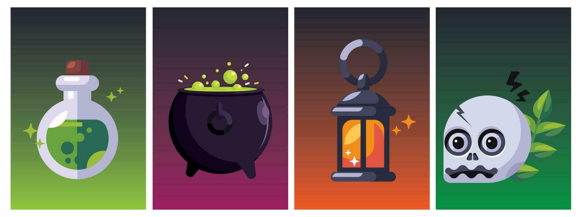 Set of alchemy game icons skull, lantern, witch cauldron, potion. Collection of magical objects. halloween icon vector