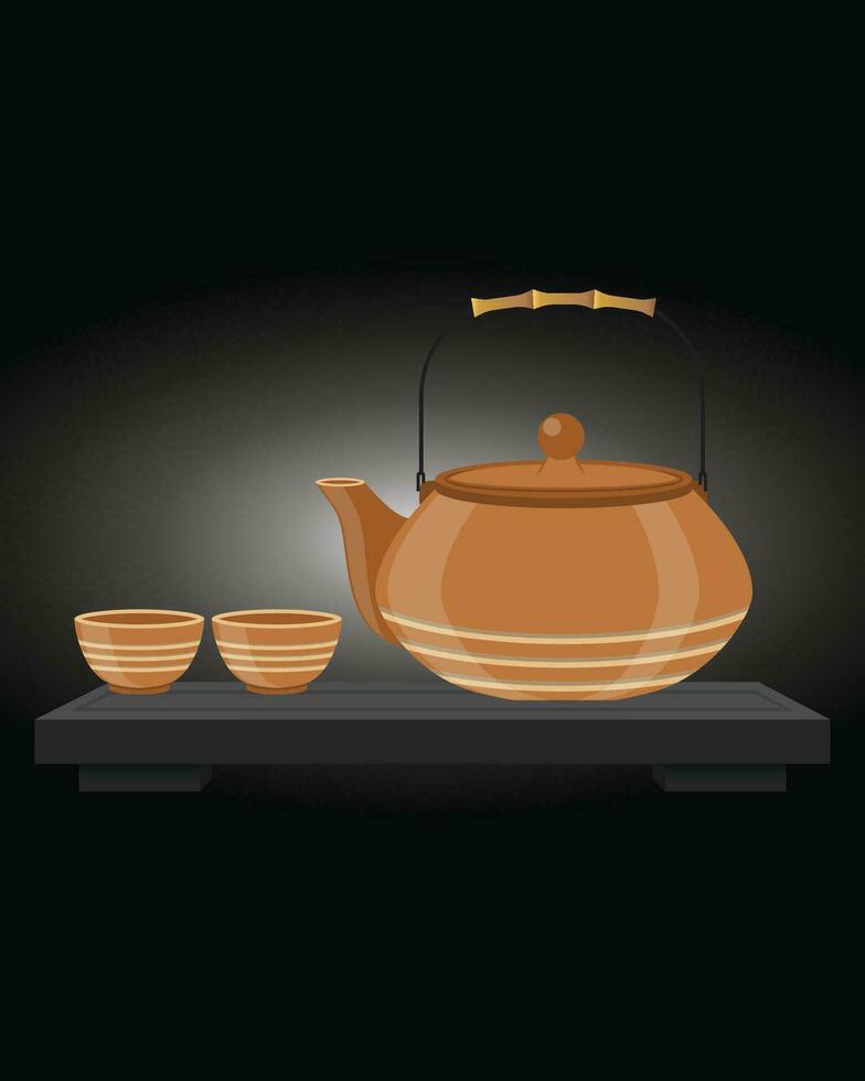 conjunto de imágenes de chino té ceremonia. un cerámico tetera y un humeante taza de té en un de madera tablero. aislado vector ilustración.