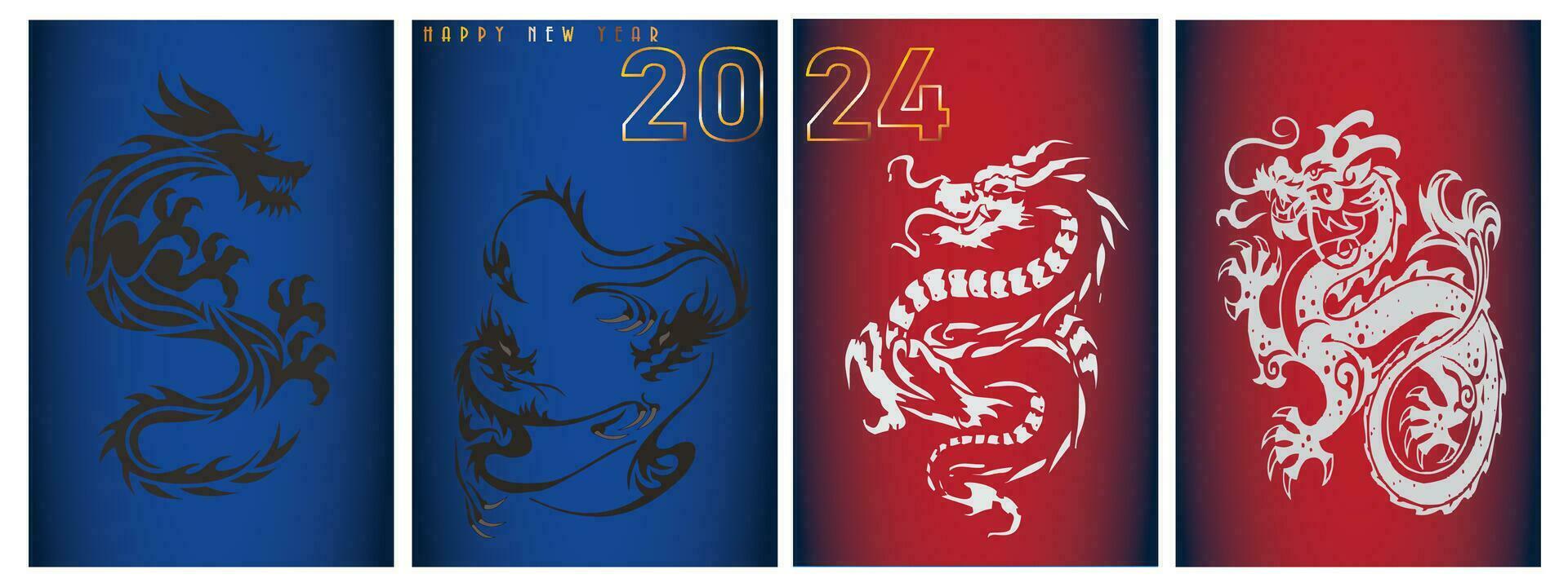 Happy Chinese New Year 2024. set of posters with dragons. black and white dragon. red and green background. Vector illustration