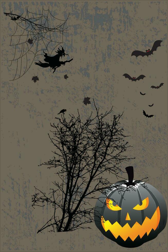 happy Halloween party poster. Drawing of plaque with dead tree, flying witch, pumpkin, bat. holiday eve October 31st. Print typography eps vector