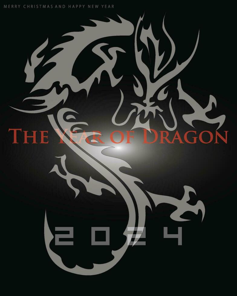Happy Chinese New Year 2024 with a big black dragon in the background. vector