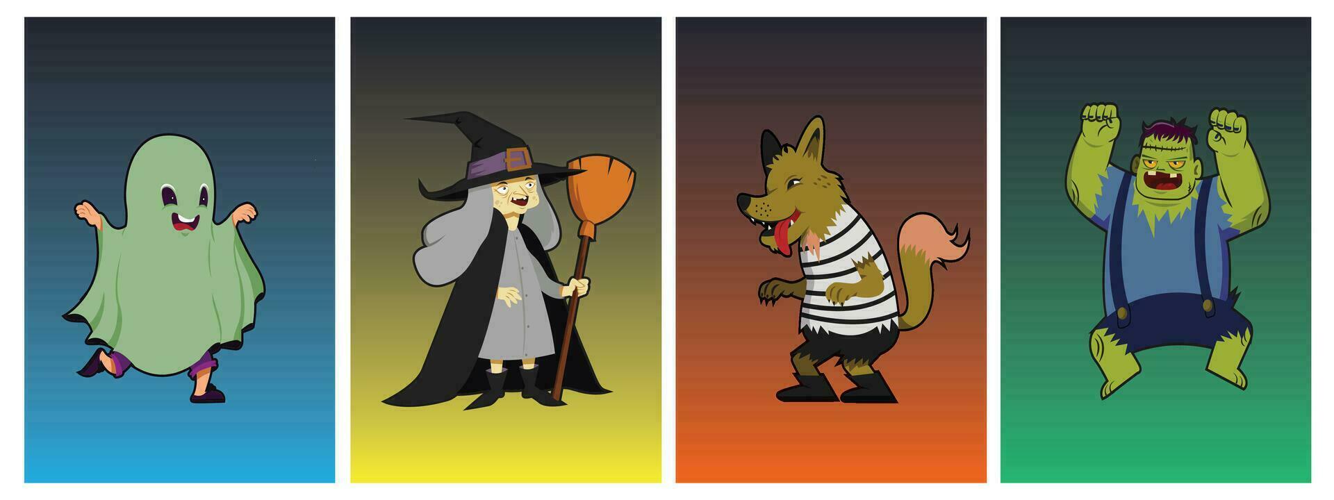 Collection of vintage style halloween characters including monsters, ghosts, wolves and witches. Vector illustration