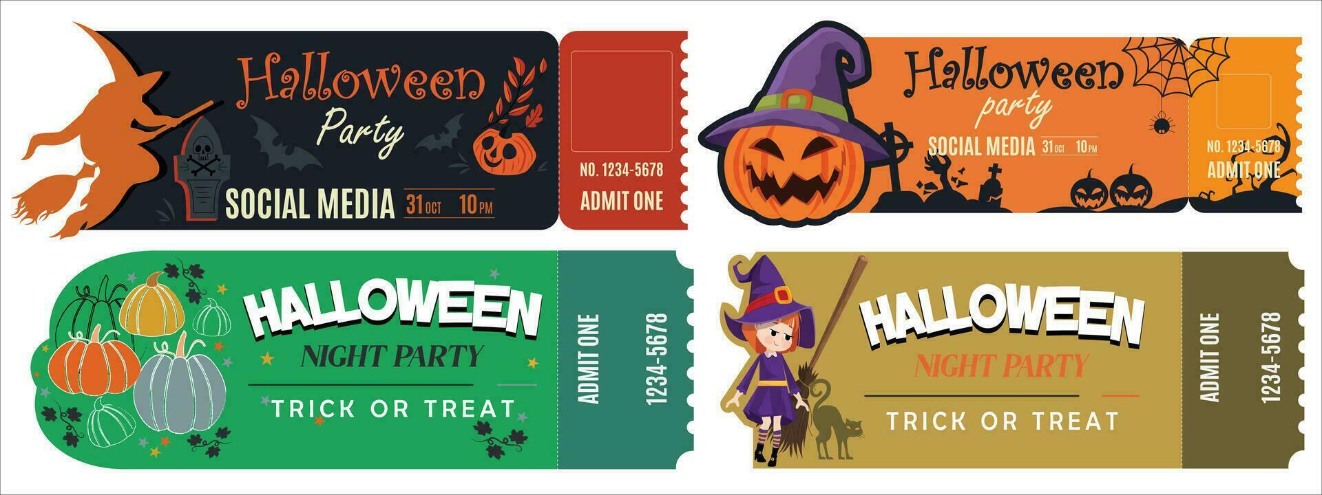 Collection of various Halloween tickets. Halloween night party background with Full moon and pumpkins. vector