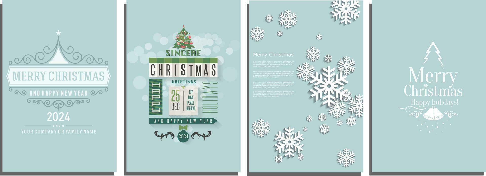 Christmas modern design set in paper cut style with Christmas tree, snowflakes, various gifts. Christmas card, poster, holiday cover or banner vector