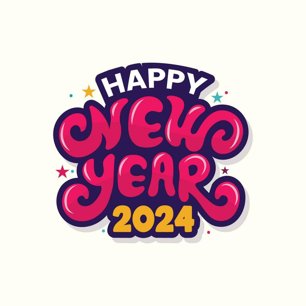 vistoso contento nuevo año 2024 vector tipografía ilustración. nuevo año celebrando pegatina, saludo tarjeta, póster, bandera, modelo diseño. contento nuevo año moderno letras, caligrafía, texto.