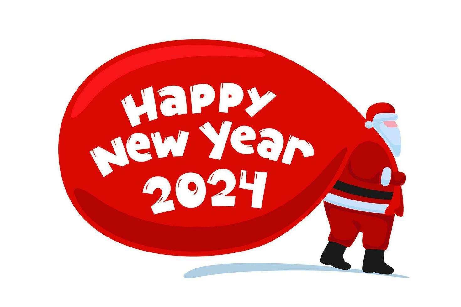 Santa Claus cartoon character coming and carries large huge heavy gifts red bag. Christmas and Happy New year 2024 holiday greeting card. Vector eps flat celebration poster illustration