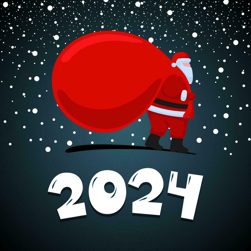 Santa Claus cartoon character coming and carries large heavy gifts red bag. Christmas and Happy New 2024 year holiday greeting card on night background. Vector celebration calendar poster illustration