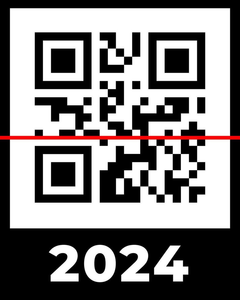 Real QR code 2024 numbers with red scan line. Happy New Year with covid vaccination barcode concept design template. Vector eps illustration for banner, poster, greeting card, invitation
