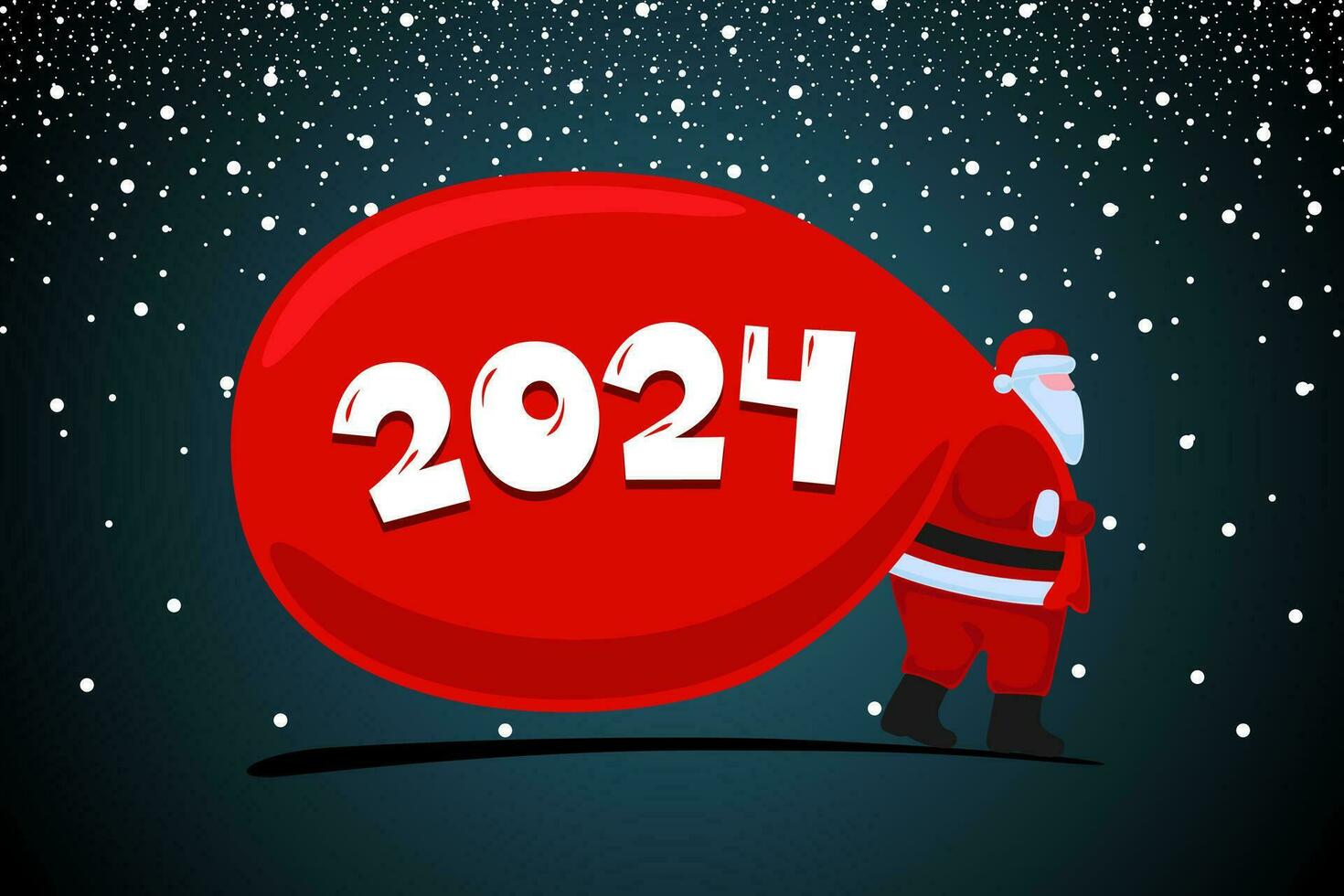 Santa Claus cartoon character coming and carries large heavy gifts red bag. Christmas and Happy New year 2024 holiday greeting card. Vector eps celebration calendar poster illustration