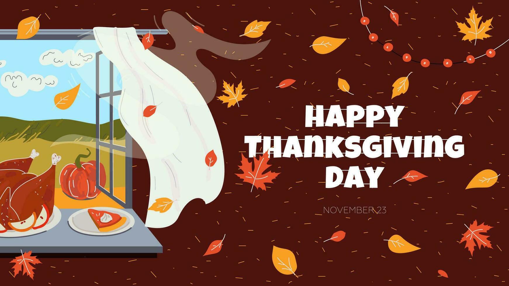 Happy Thanksgiving day horizontal banner. Traditional autumn Thanks Giving celebration greeting card with turkey and pumpkin pie. Seasonal fall family holiday print. Retro drawing art vector eps cover