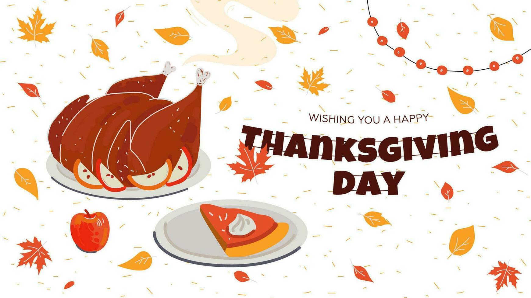 Happy Thanksgiving day horizontal banner. Traditional autumn Thanks Giving celebration greeting card with turkey and pumpkin pie. Seasonal fall family festival print. Retro drawing art vector design