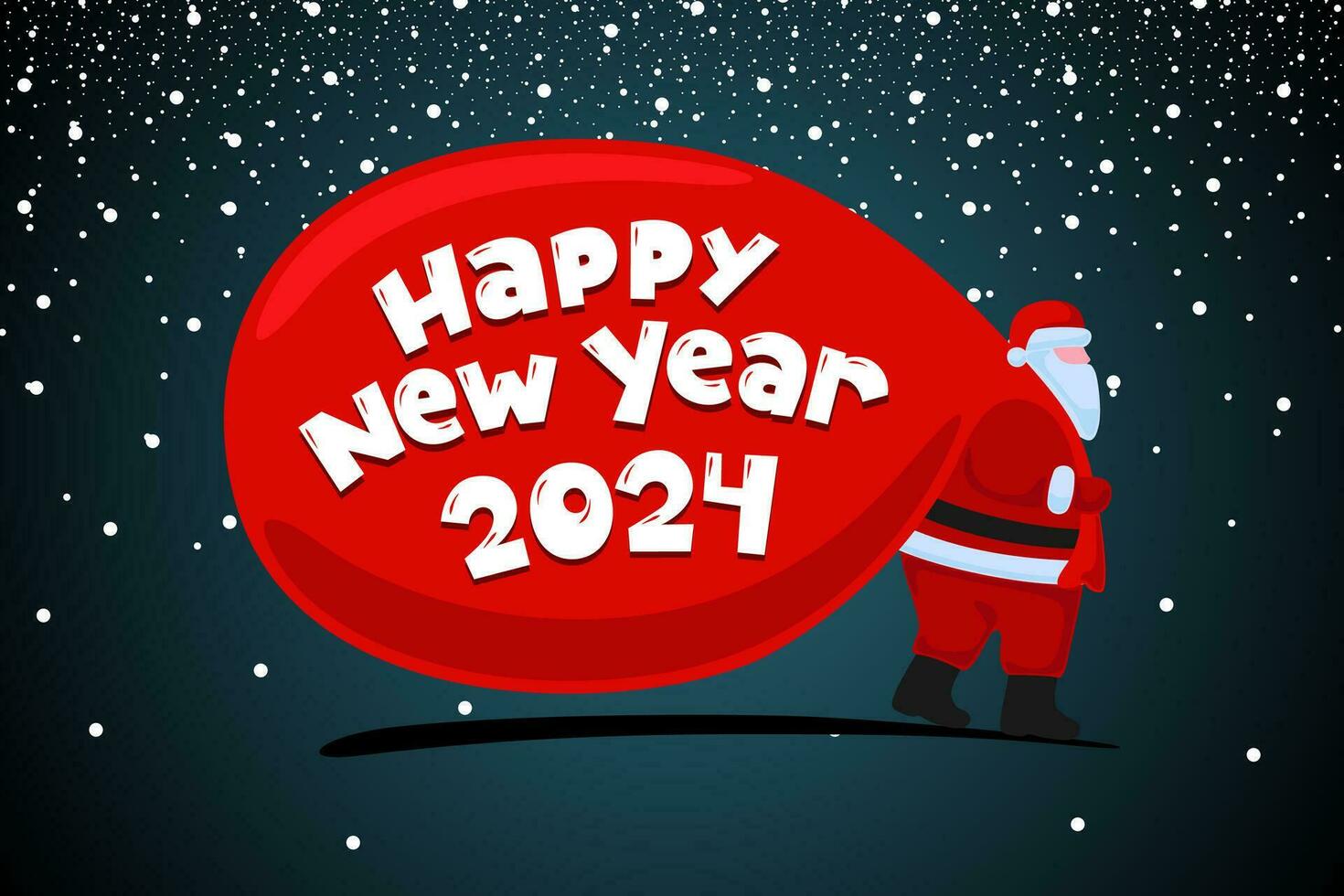 Santa Claus cartoon character coming and carries large huge heavy gifts red bag. Christmas and Happy New year 2024 inscription holiday greeting card. Vector eps flat celebration poster illustration