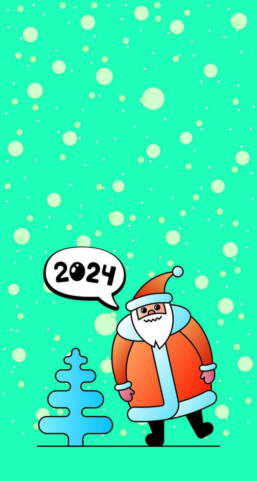 Cute cartoon funny kawaii Santa Claus character for Christmas and Happy New year 2024 celebration. Spruce and winter snow holiday greeting card for blogger story banner. Vector eps illustration