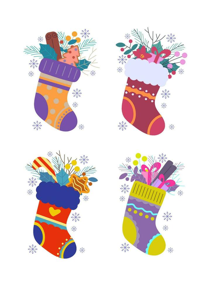 Happy new year and Merry Christmas greeting card with sock and decor, twigs, snowflakes, gift boxes, leaves, cinnamon. vector