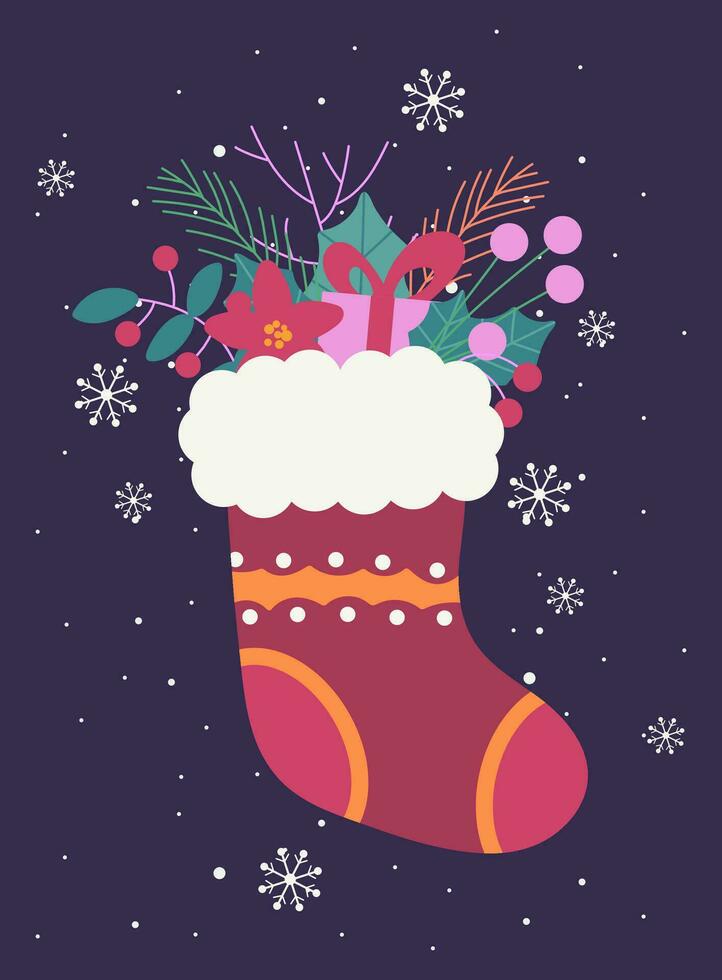 contento nuevo año y alegre Navidad saludo tarjeta con calcetín y decoración, leña menuda, copos de nieve, regalo cajas, hojas, canela. vector