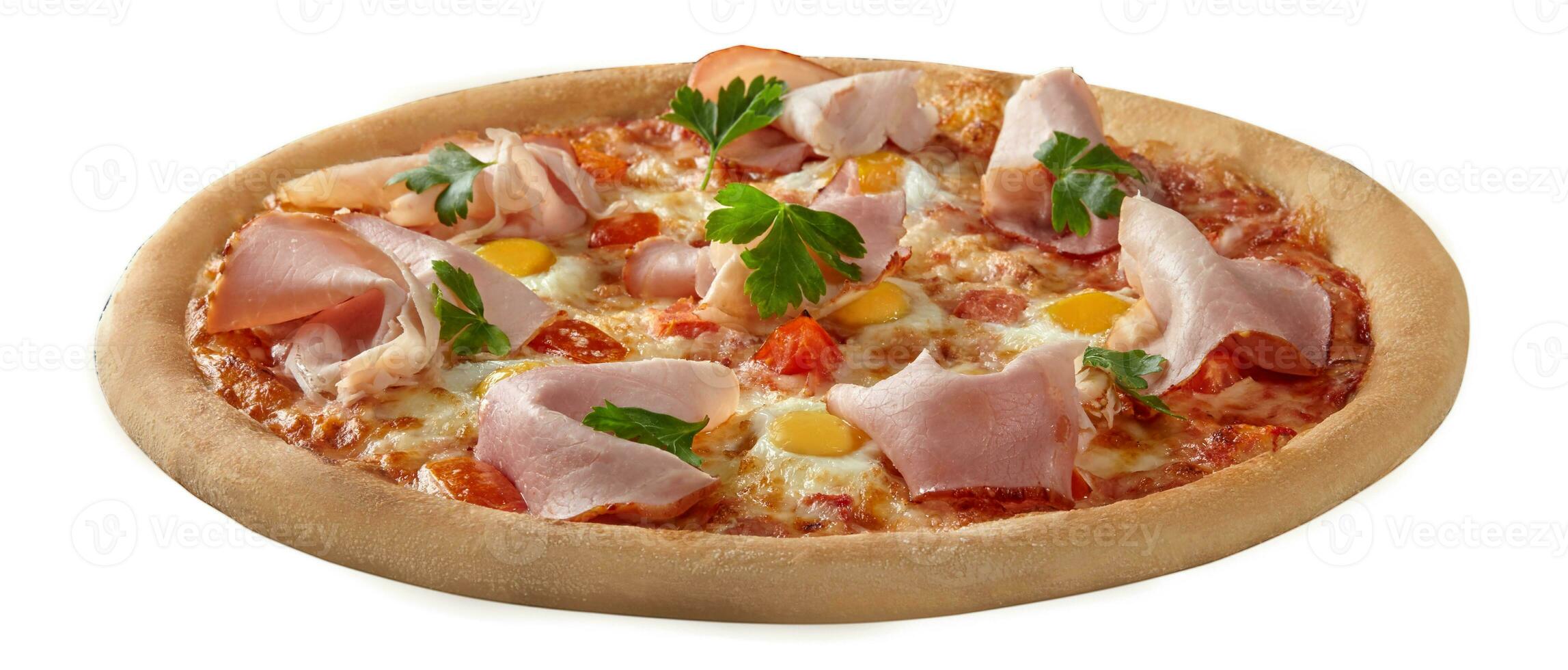 Pizza with sliced ham, quail eggs and tomatoes on pelati sauce, melted mozzarella and greens photo