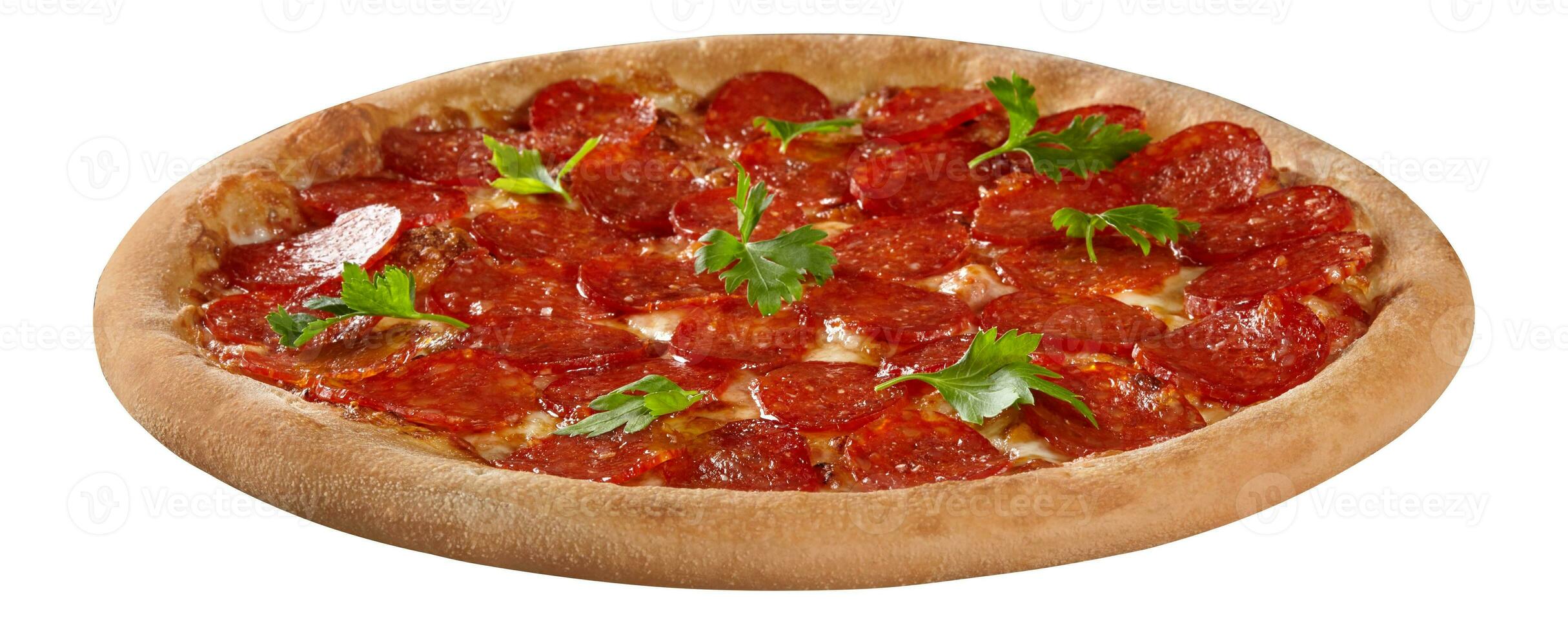 Pizza with spicy pepperoni, mozzarella and pelati sauce with fresh parsley isolated on white photo
