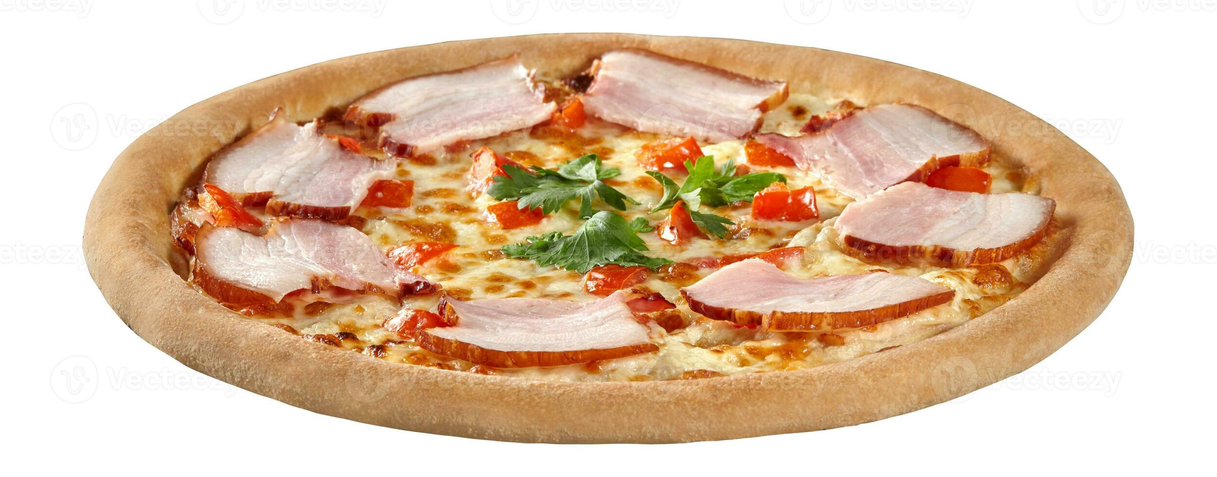 Closeup of pizza with cream cheese sauce, bacon, tomatoes and greens isolated on white photo
