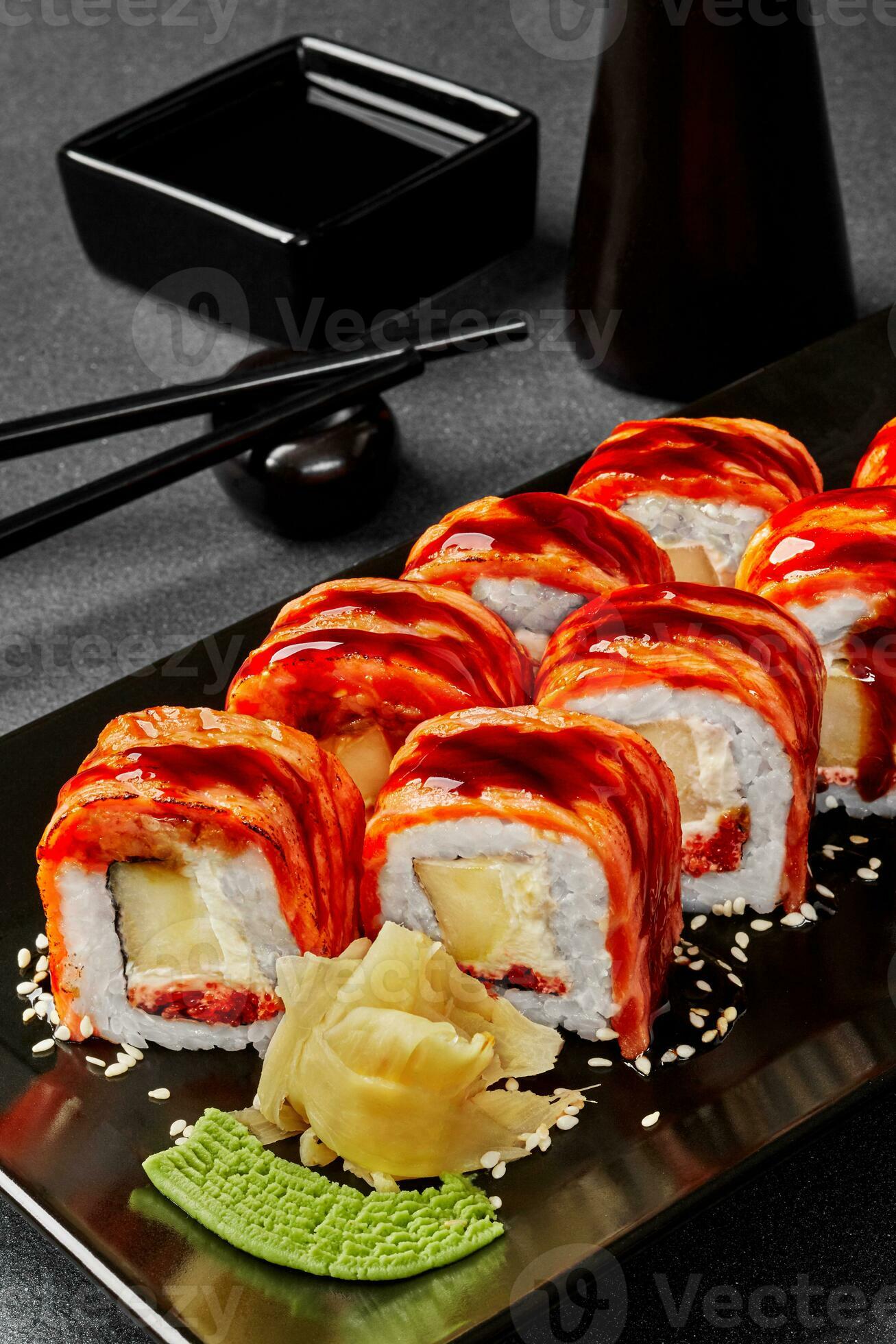 Philadelphia rolls with seared salmon, cream cheese, tobiko and apple