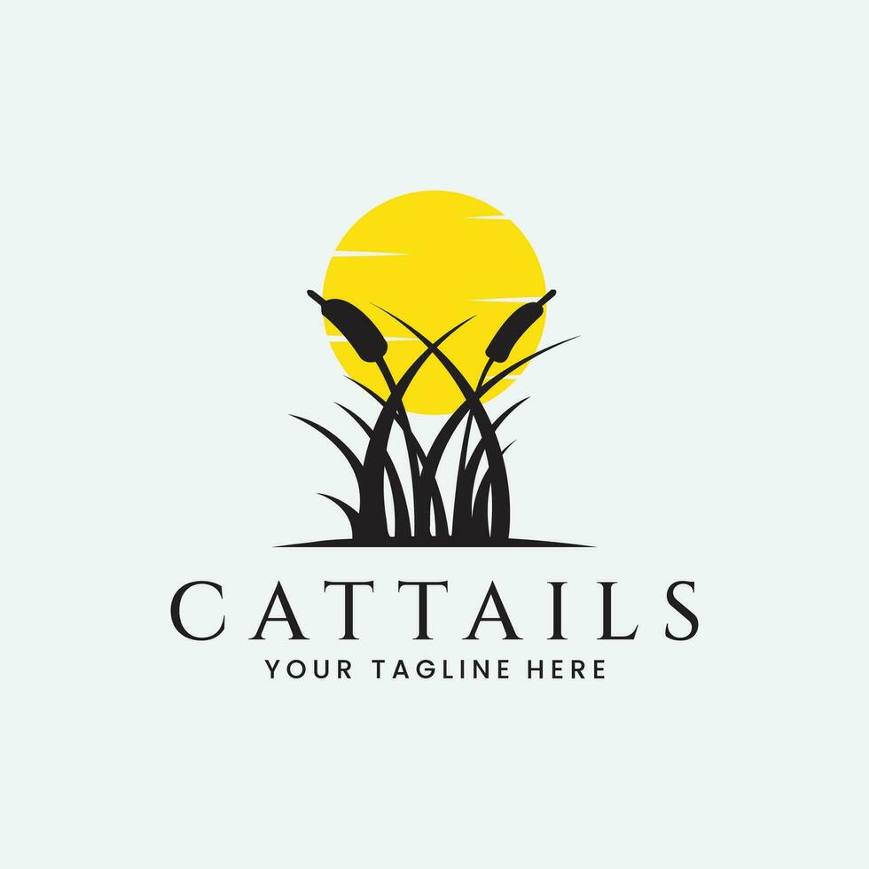 cattails plant with sun silhouette logo vector illustration design